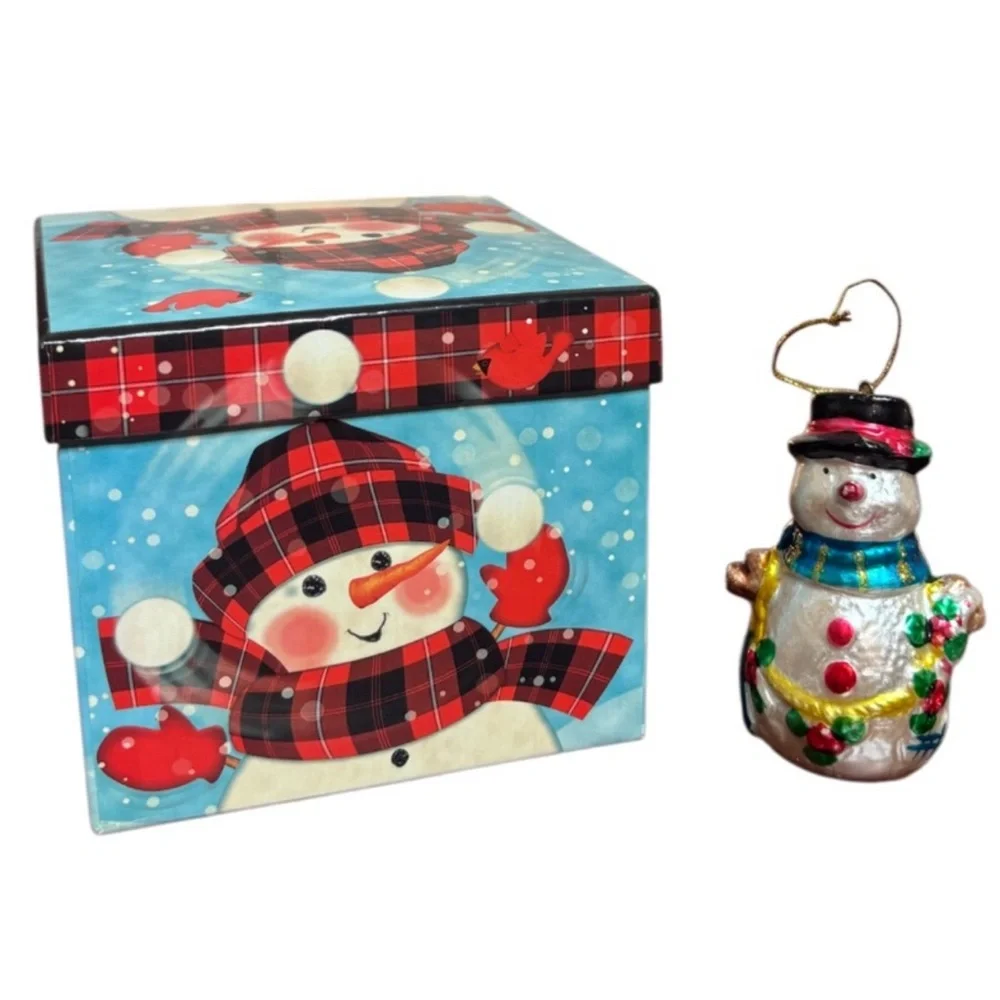 Snowman Glass Ornament Christmas Gift Box Set Collectible White Blue Red Gold